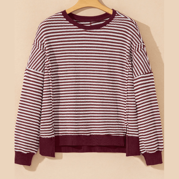 Dayna Red Stripe Ribbed Trim Drop Shoulder Long Sleeve Oversize Top