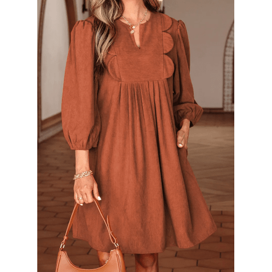 Letty Cinnamon Bracelet Sleeve Split Neck Scallop Detail Pleated Corduroy Mini Dress