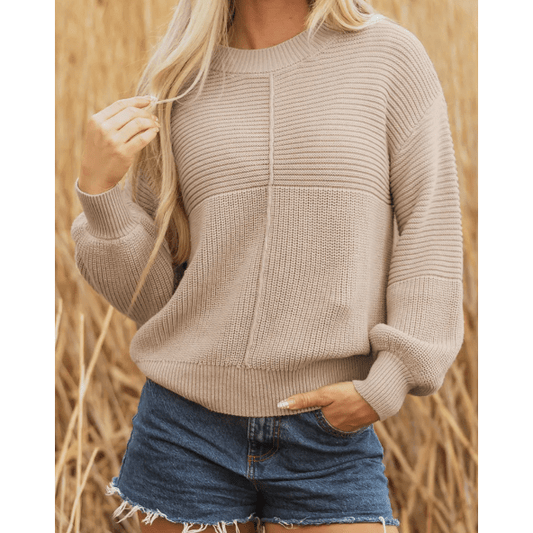 Kerrigan Parchment Mixed Texture Patchwork Knitted Puff Sleeve Sweater