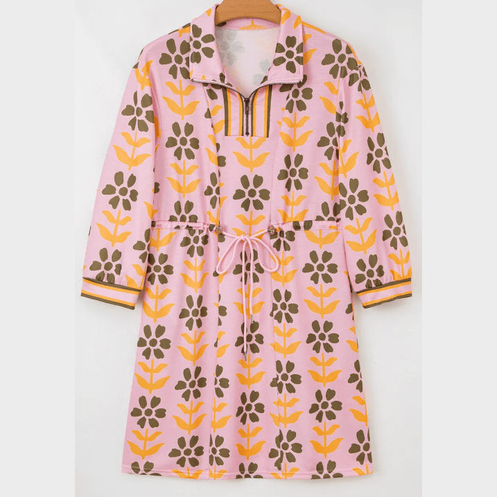 Avabella Pink Floral Print Zip Neck Striped Patchwork Long Sleeve Drawstring Dress