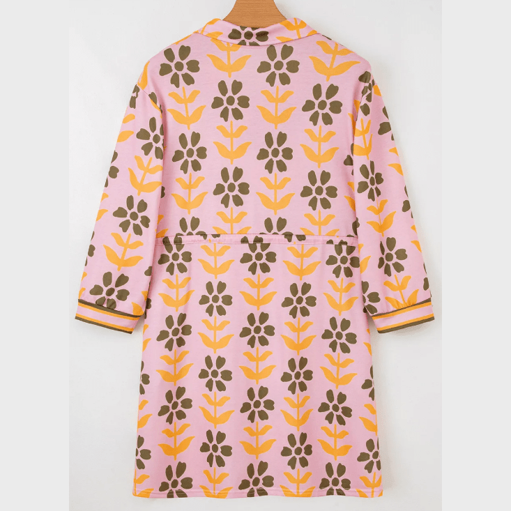 Avabella Pink Floral Print Zip Neck Striped Patchwork Long Sleeve Drawstring Dress