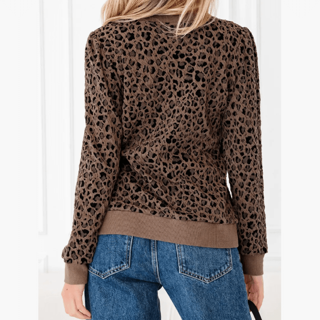 Brixley Brown Ribbed Trim Leopard Print Long Sleeve Top