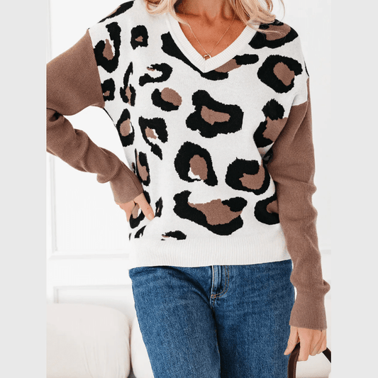 Joji Leopard Print Color Block Patchwork Sleeve V Neck Sweater