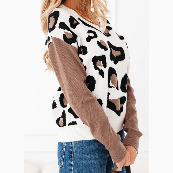 Joji Leopard Print Color Block Patchwork Sleeve V Neck Sweater