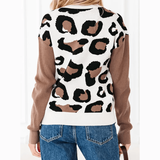 Joji Leopard Print Color Block Patchwork Sleeve V Neck Sweater