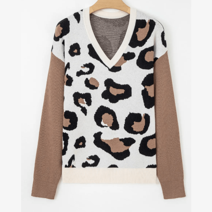 Joji Leopard Print Color Block Patchwork Sleeve V Neck Sweater