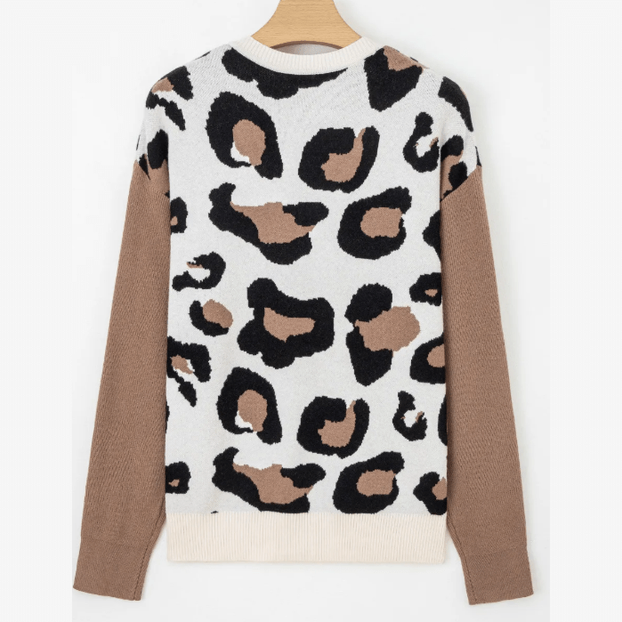 Joji Leopard Print Color Block Patchwork Sleeve V Neck Sweater