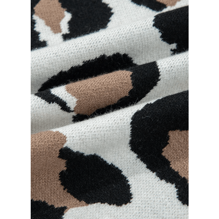 Joji Leopard Print Color Block Patchwork Sleeve V Neck Sweater