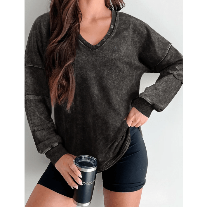 Skylee Carbon Grey Mineral Wash Exposed Seam Buttoned V Neck Pullover Top