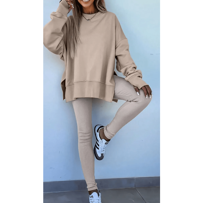 Mylah Khaki Oversize Slit Sweatshirt Ribbed Leggings 2pcs Set
