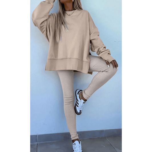 Mylah Khaki Oversize Slit Sweatshirt Ribbed Leggings 2pcs Set