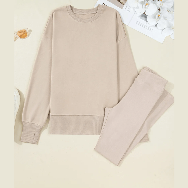 Mylah Khaki Oversize Slit Sweatshirt Ribbed Leggings 2pcs Set