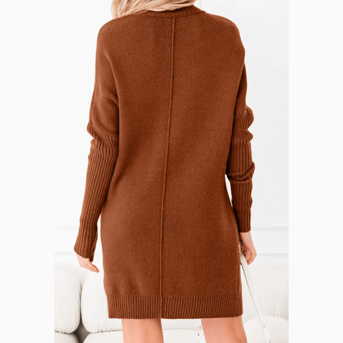 Rossie Chestnut Ribbed High Neck Front Pockets Center Seam Shift Sweater Dress