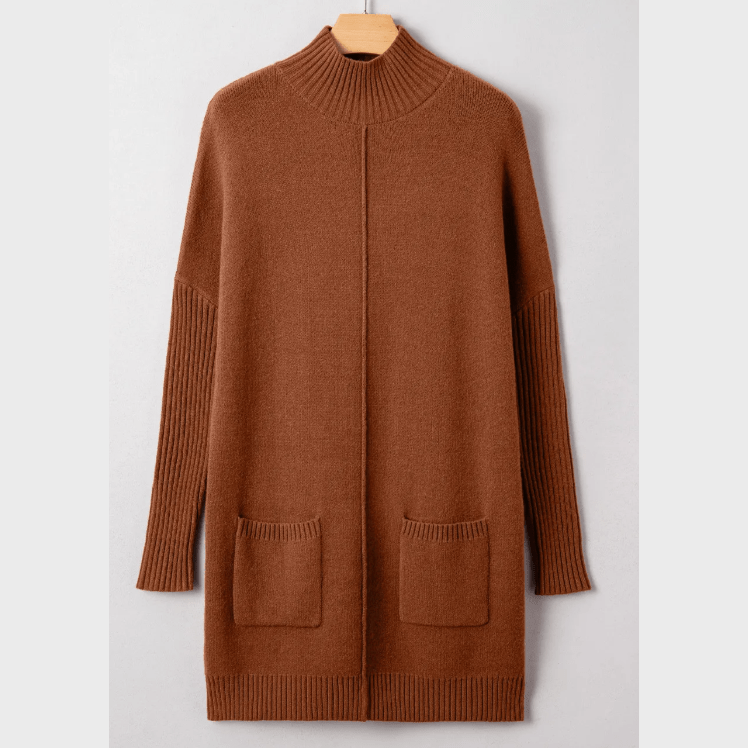 Rossie Chestnut Ribbed High Neck Front Pockets Center Seam Shift Sweater Dress