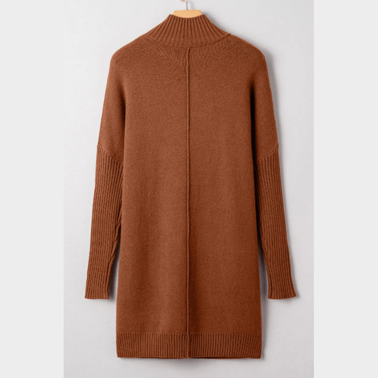 Rossie Chestnut Ribbed High Neck Front Pockets Center Seam Shift Sweater Dress