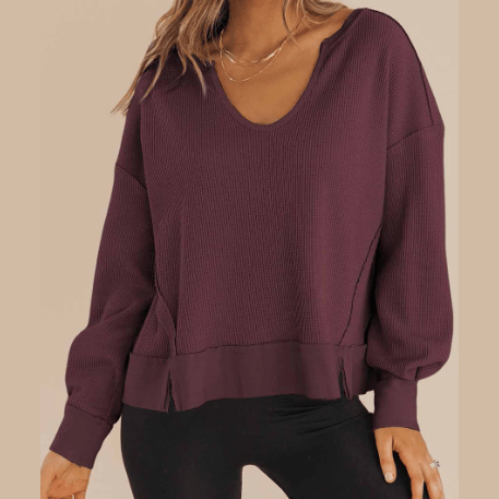 Gerri Wine Waffle Knit Notched V Neck Drop Shoulder Solid Sweatshirt