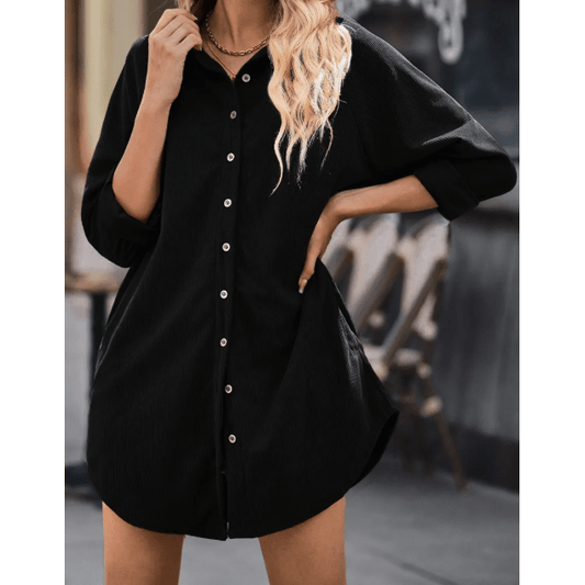 Jules Black Corduroy Shirt Style Full Button Long Sleeve Shift Mini Dress