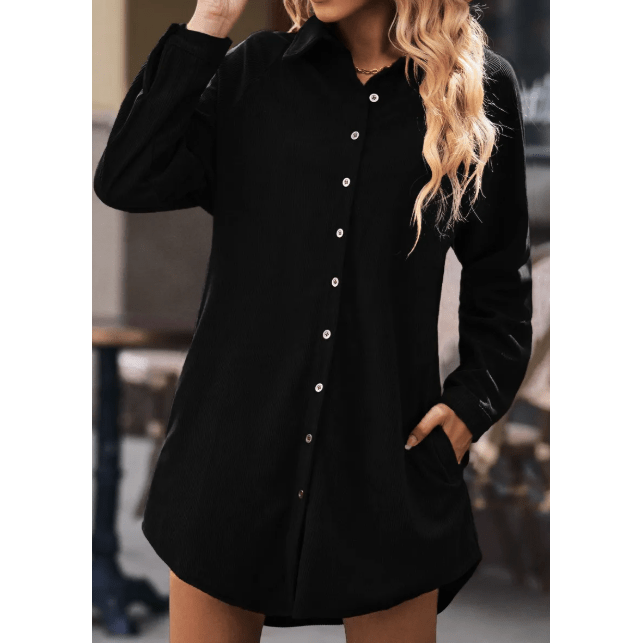 Jules Black Corduroy Shirt Style Full Button Long Sleeve Shift Mini Dress