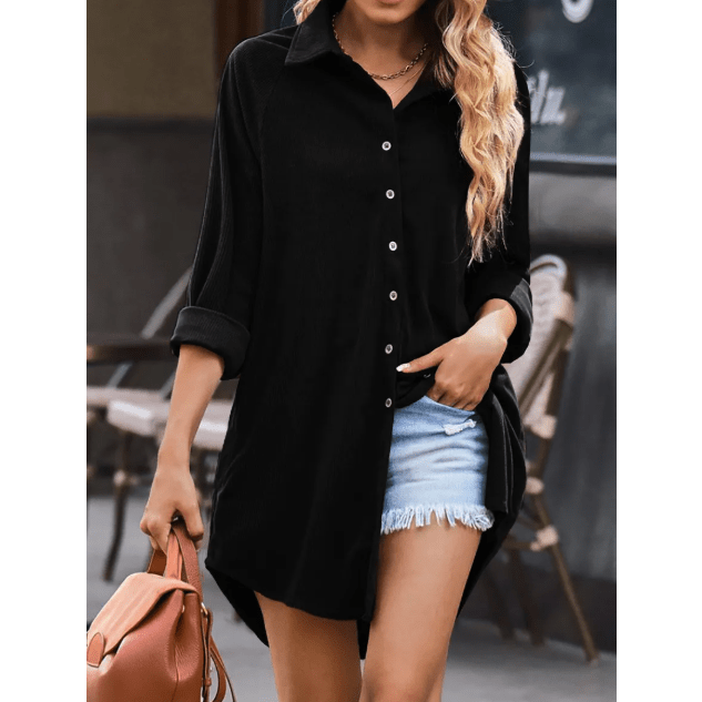 Jules Black Corduroy Shirt Style Full Button Long Sleeve Shift Mini Dress