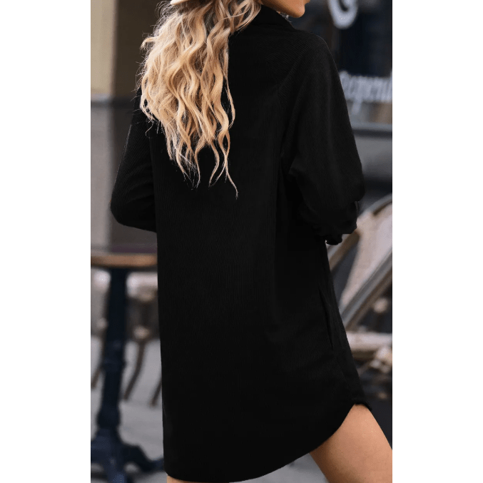 Jules Black Corduroy Shirt Style Full Button Long Sleeve Shift Mini Dress