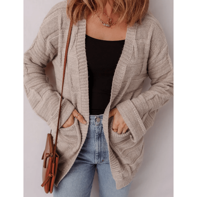 Cam Textured Knit Open Front Chic Cardigan with Pockets