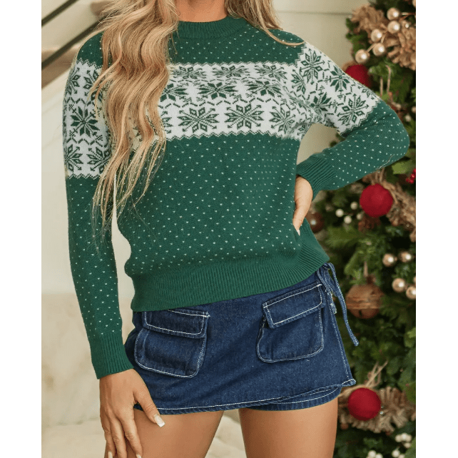 Green Christmas Snowflake Dotted Print Round Neck Sweater