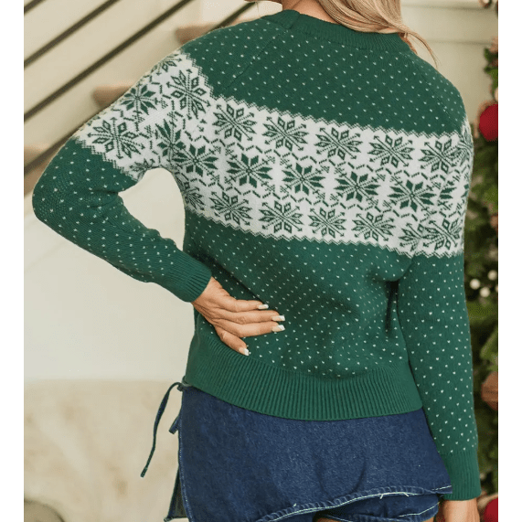 Green Christmas Snowflake Dotted Print Round Neck Sweater