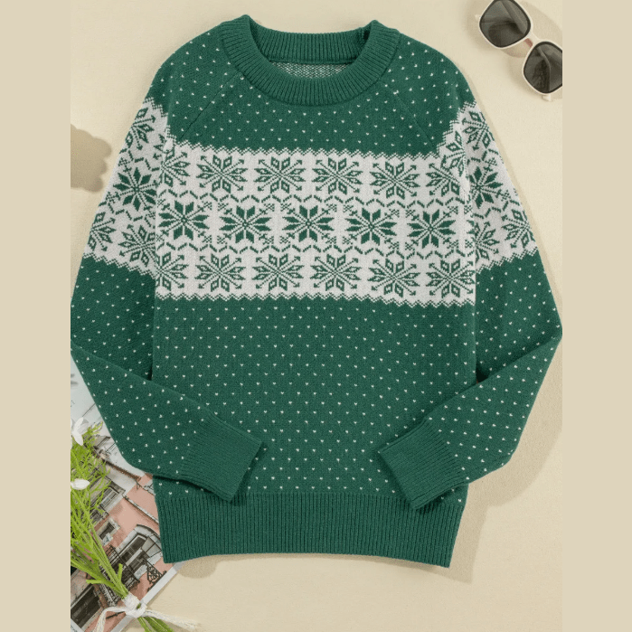 Green Christmas Snowflake Dotted Print Round Neck Sweater