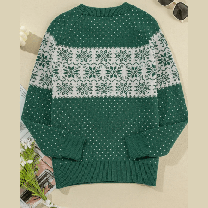 Green Christmas Snowflake Dotted Print Round Neck Sweater