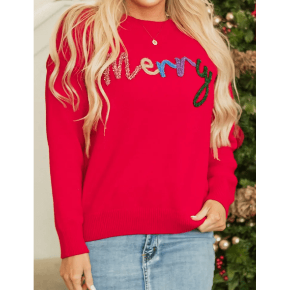 Fiery Red Tinsel Merry Letter Drop Shoulder Baggy Sweater