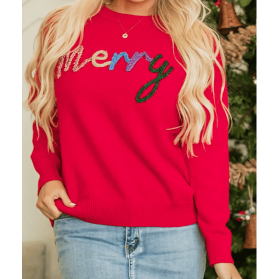 Fiery Red Tinsel Merry Letter Drop Shoulder Baggy Sweater