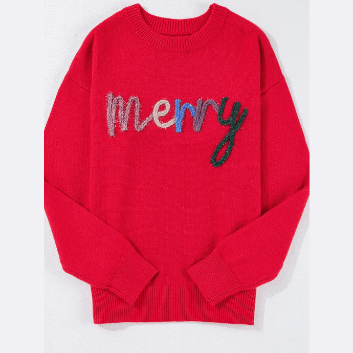Fiery Red Tinsel Merry Letter Drop Shoulder Baggy Sweater