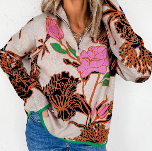 RTS Floral Pattern Knit Quarter Zip Stand Neck Sweater