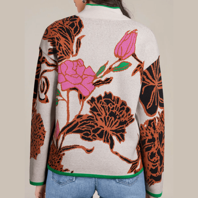 RTS Floral Pattern Knit Quarter Zip Stand Neck Sweater