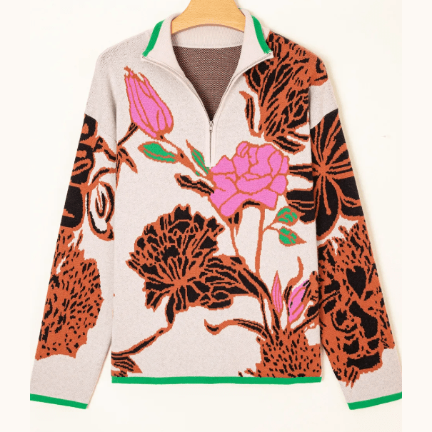 RTS Floral Pattern Knit Quarter Zip Stand Neck Sweater