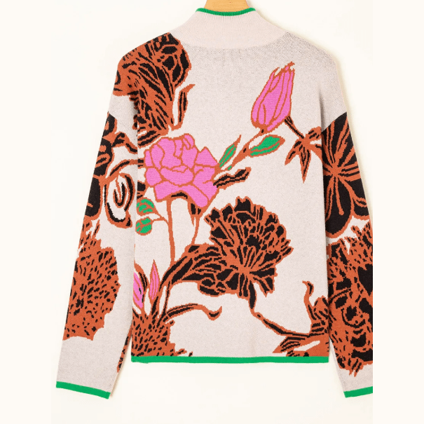 RTS Floral Pattern Knit Quarter Zip Stand Neck Sweater