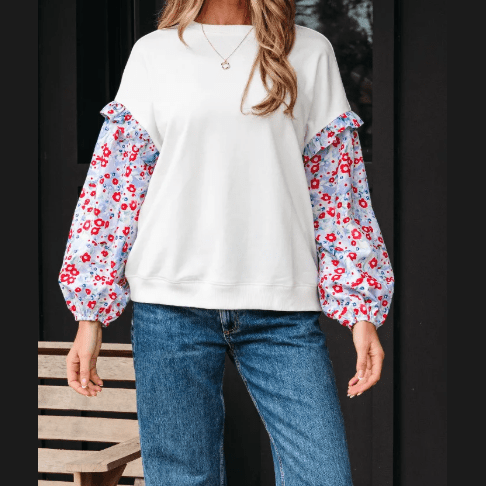 RTS White Floral Ruffled Balloon Sleeve Patchwork Loose Blouse