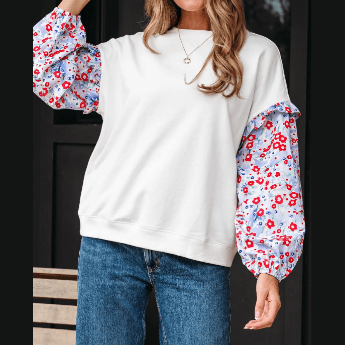 RTS White Floral Ruffled Balloon Sleeve Patchwork Loose Blouse