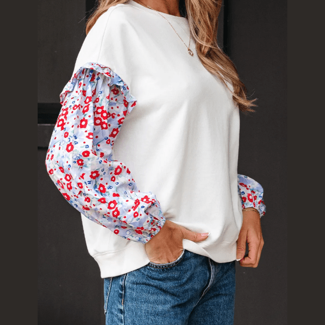 RTS White Floral Ruffled Balloon Sleeve Patchwork Loose Blouse