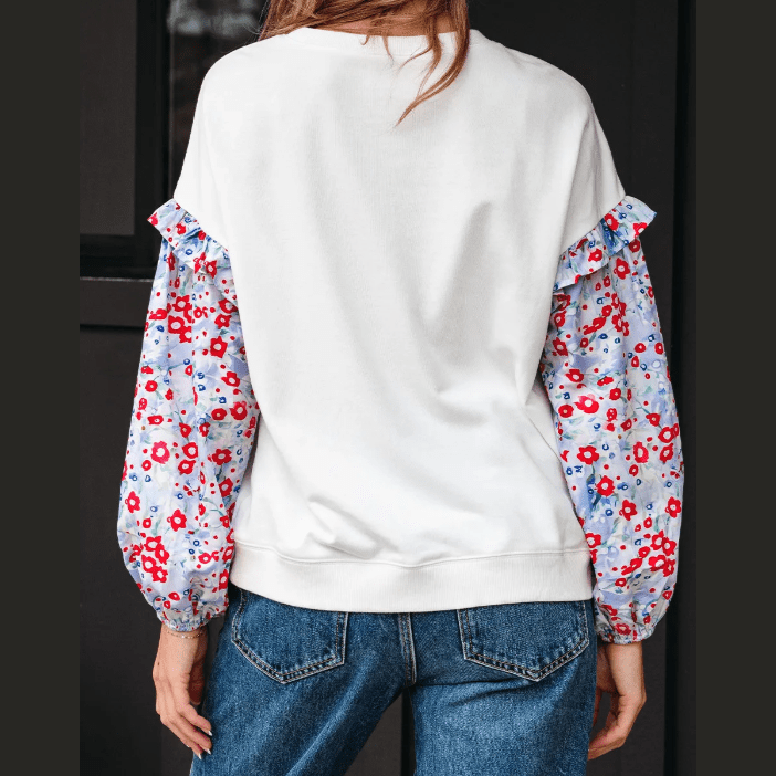 RTS White Floral Ruffled Balloon Sleeve Patchwork Loose Blouse