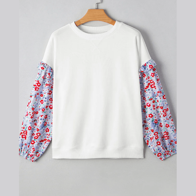 RTS White Floral Ruffled Balloon Sleeve Patchwork Loose Blouse