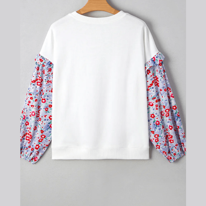 RTS White Floral Ruffled Balloon Sleeve Patchwork Loose Blouse