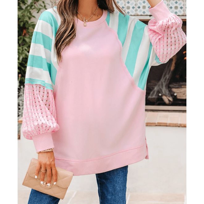 RTS Striped Colorblock Patchwork Raglan Pullover Top with Slits