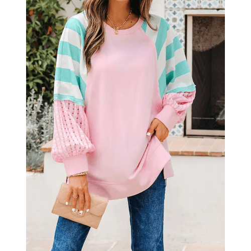 RTS Striped Colorblock Patchwork Raglan Pullover Top with Slits