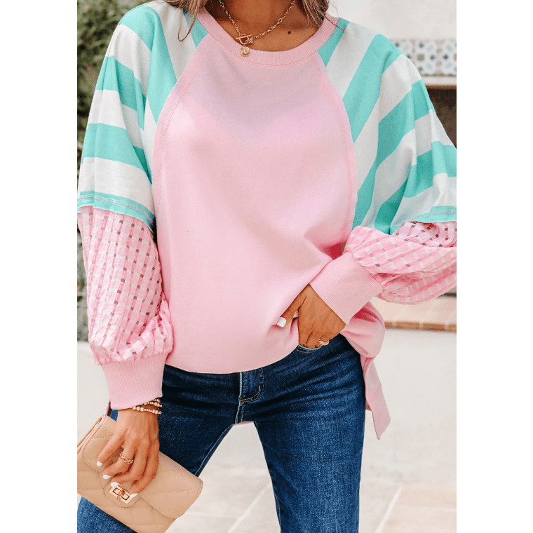 RTS Striped Colorblock Patchwork Raglan Pullover Top with Slits