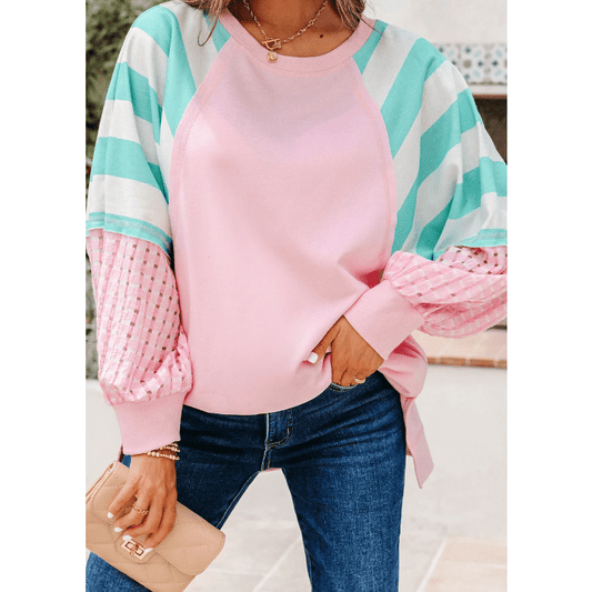 RTS Striped Colorblock Patchwork Raglan Pullover Top with Slits