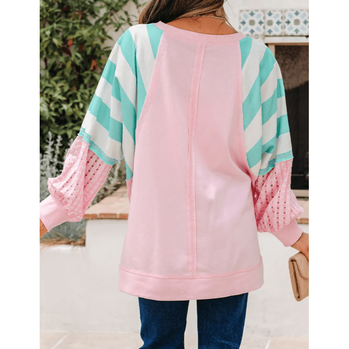 RTS Striped Colorblock Patchwork Raglan Pullover Top with Slits