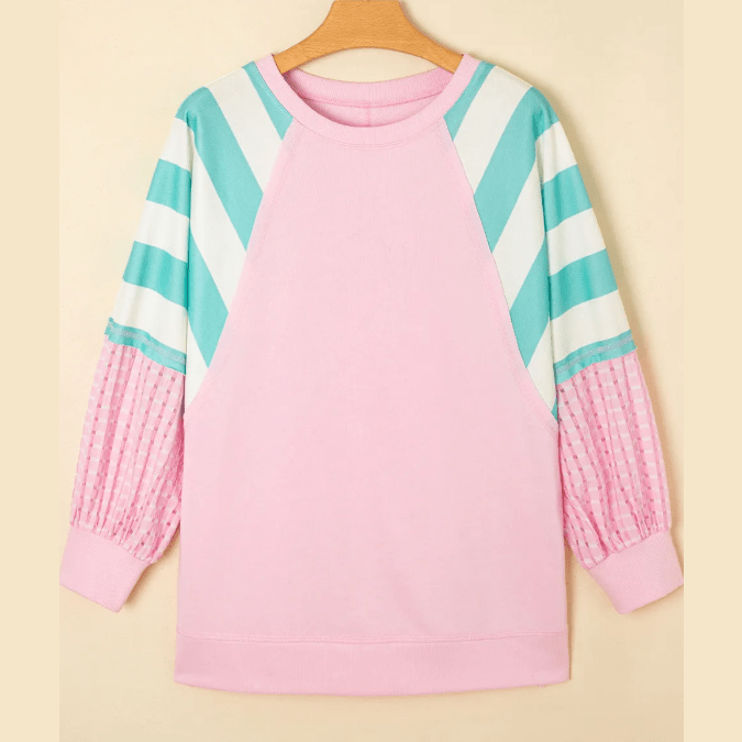 RTS Striped Colorblock Patchwork Raglan Pullover Top with Slits