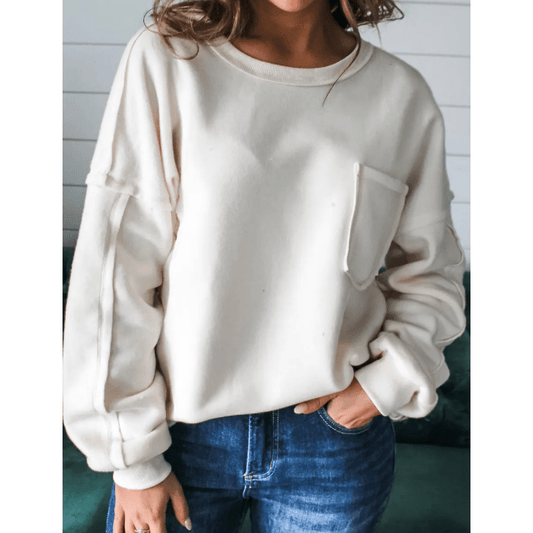 RTS White Exposed Seam Chest Pocket Knit Pullover Sweatshirt