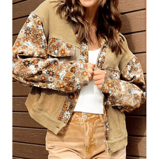 RTS Khaki Waffle Knit Floral Print Patchwork Button up Jacket